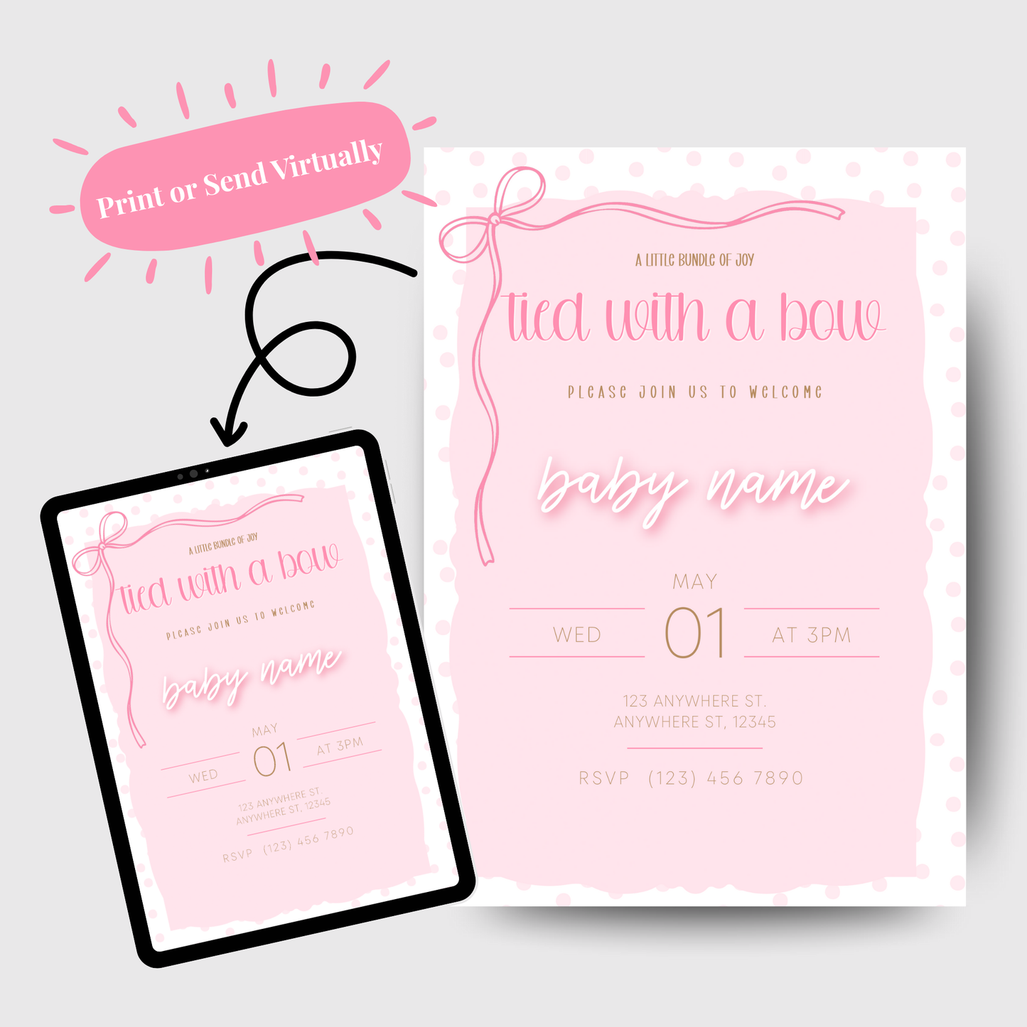 Pink Bow Baby Shower Invitation Template
